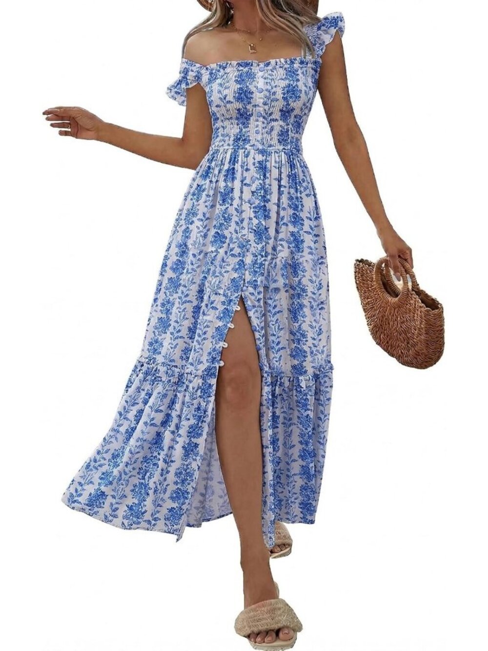 Summer Casual Midi Dress - Square Neck, Button Down, Ruffle Strap, Flowy Beach
